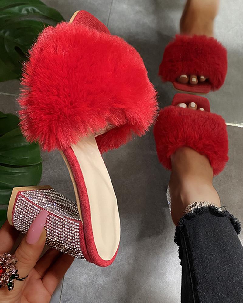 

Square-toe Solid Color Fluffy Heel Sandals, Red