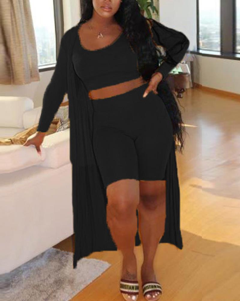 

Solid Crop Tank Top & Shorts Set With Long Sleeve Coat, Black