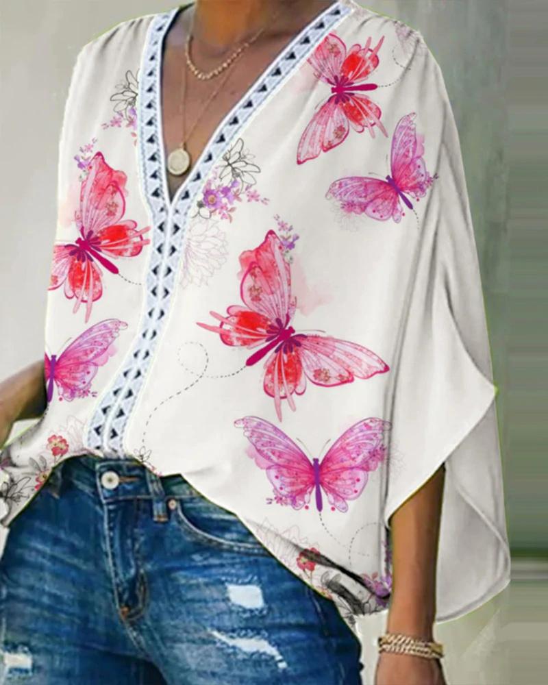 

Butterfly Print Contrast Lace V-Neck Top, White