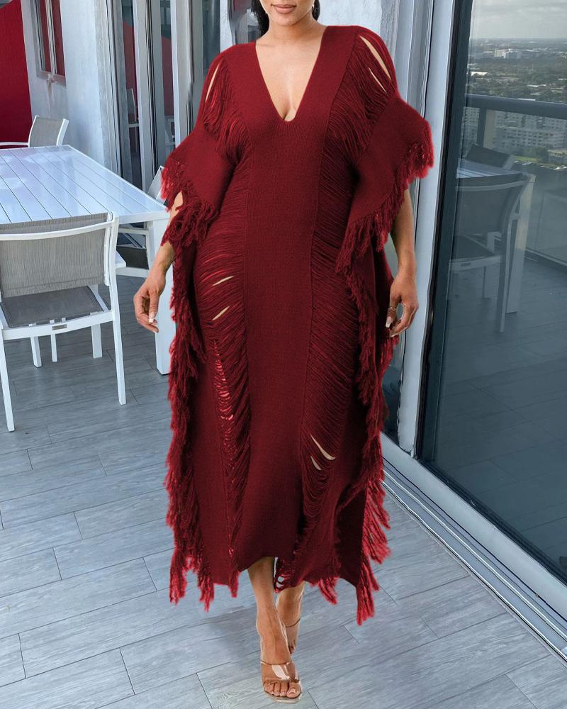 

Plain Tassel Trim Ripped Casual Dress, Wine red