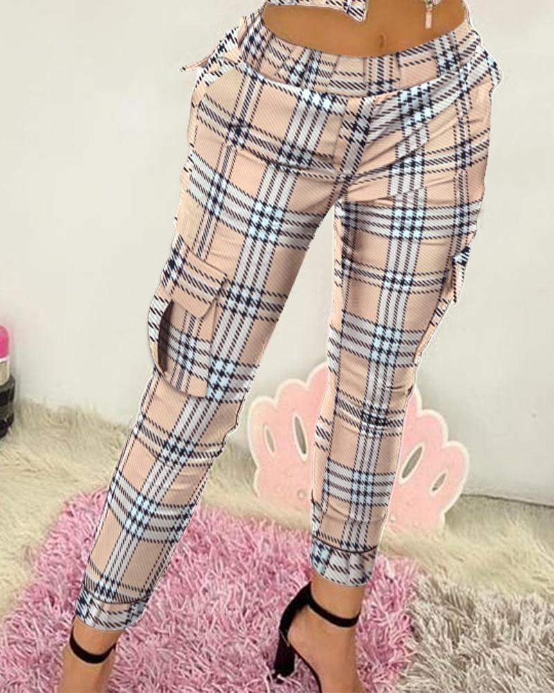 

Plaid Print Zipper Pocket Design Skinny Pants, Apricot