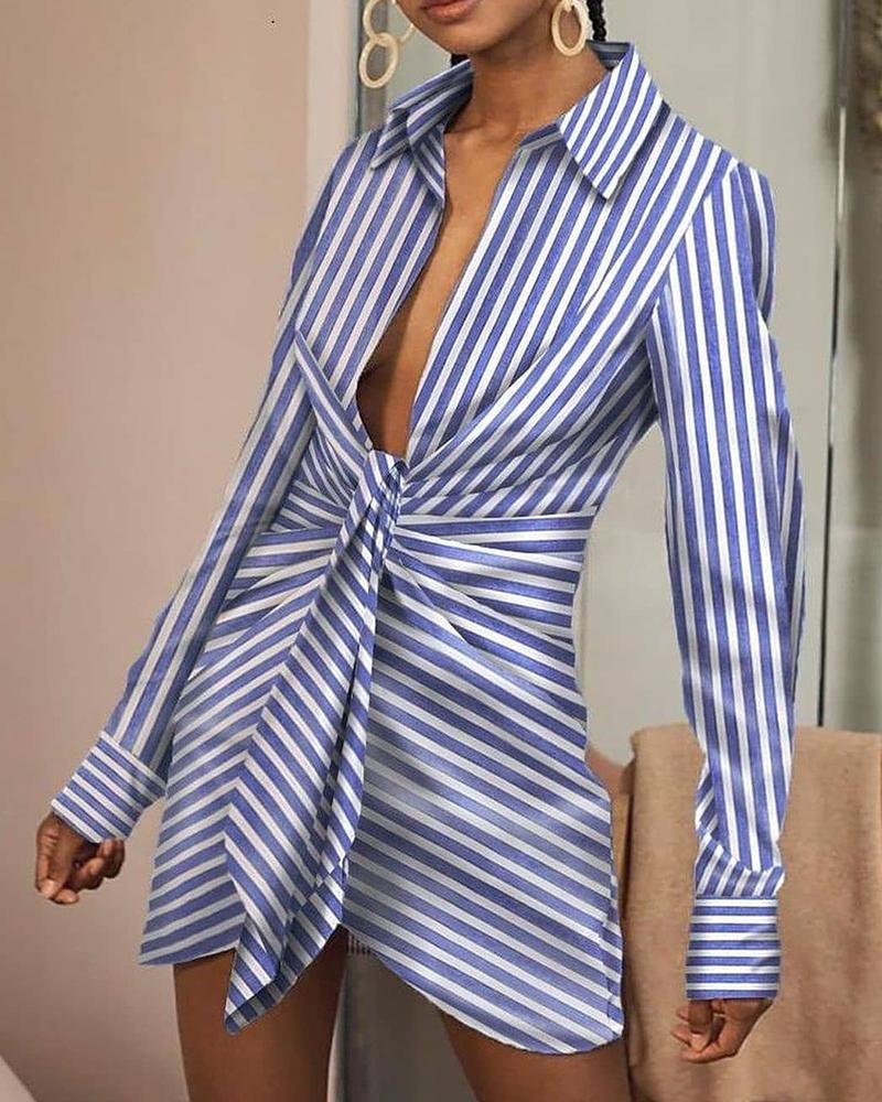 

Striped Long Sleeves Asymmetrical Mini Shirt Dress, Blue