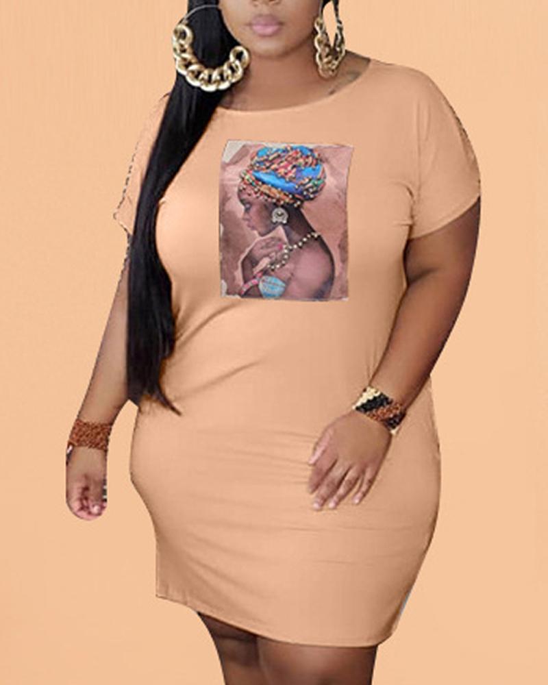 

Plus Size Figure Print Short Sleeve Casual Dress, Khaki