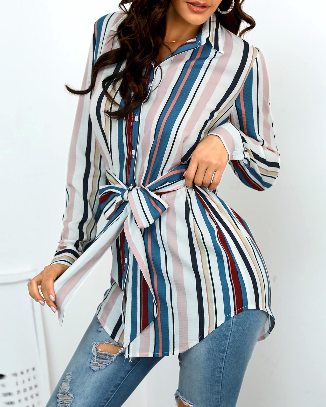 

Vertical Stripes Knotted Front Curve Hem Shirt, Multicolor