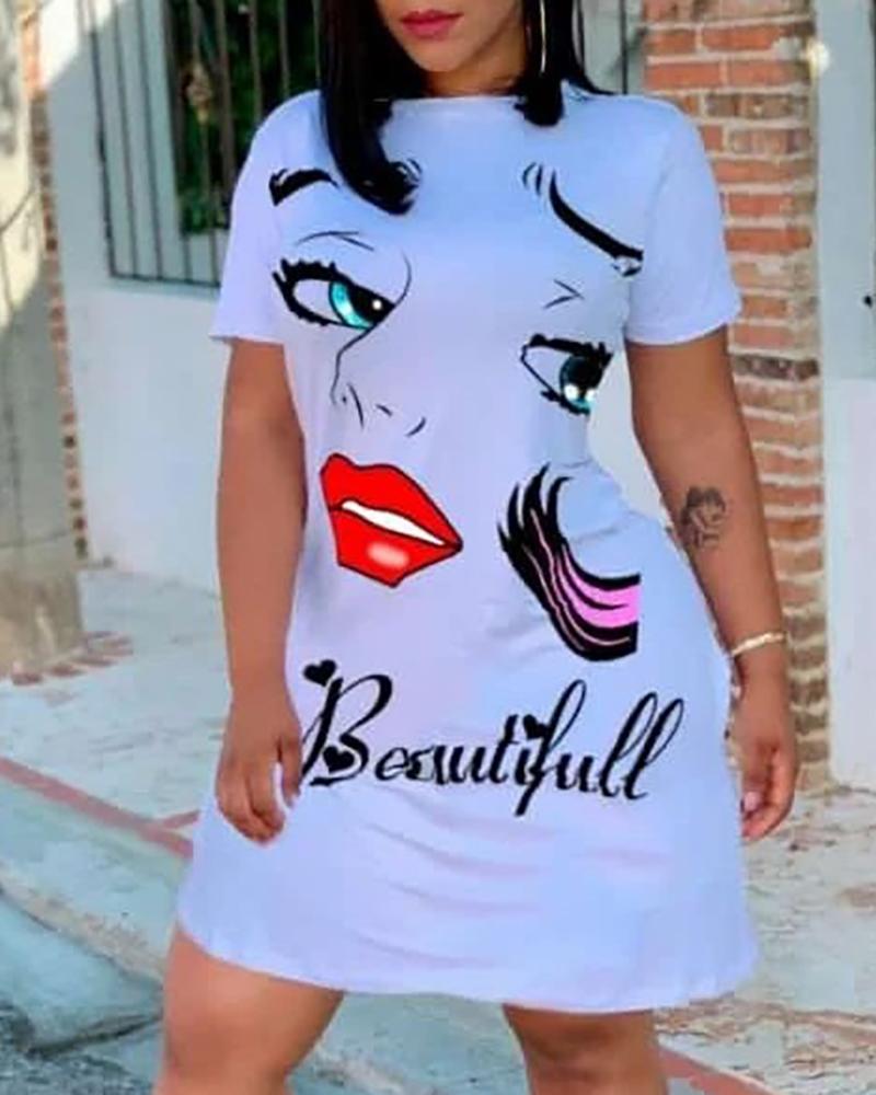 

Figure Letter Print Short Sleeve Casual Dress, White