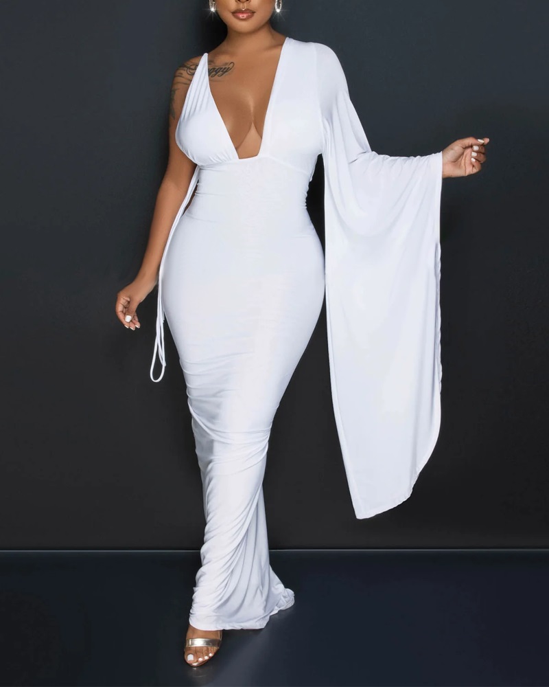 

Bell Sleeve Plunge Backless Drawstring Evening Dress, White