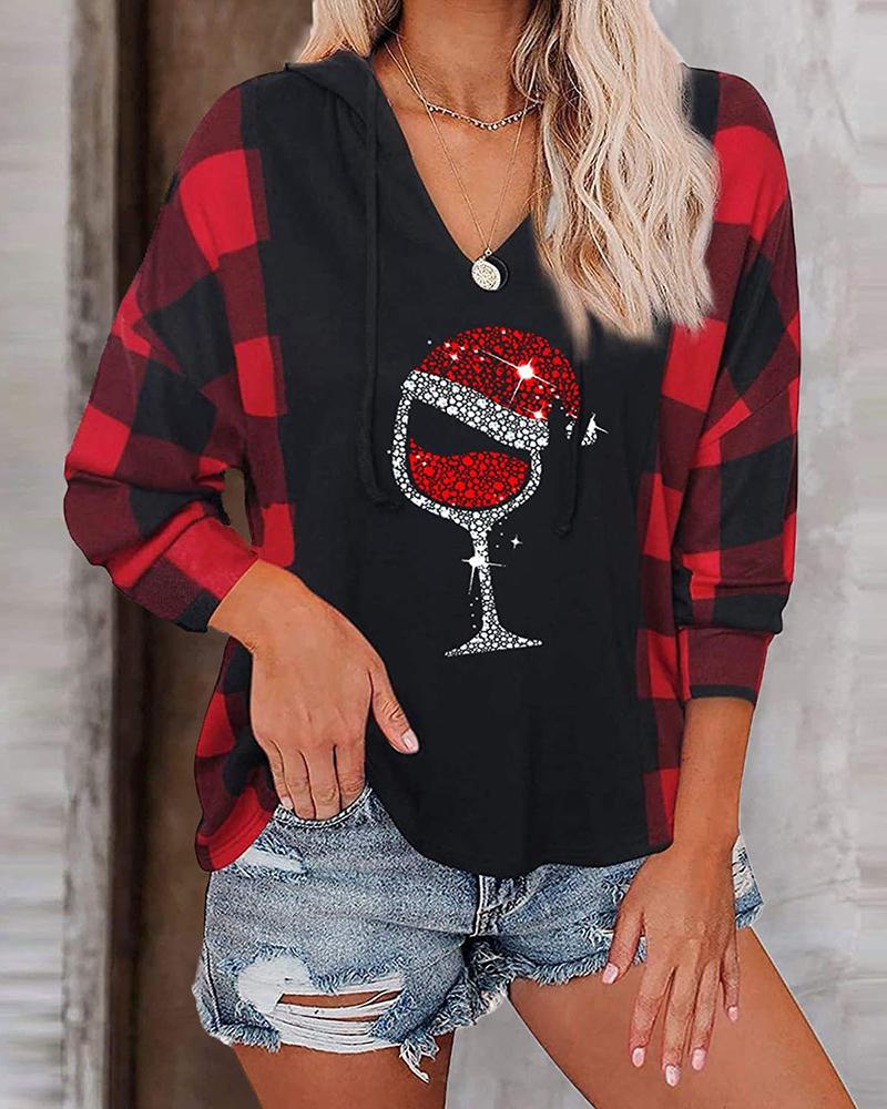 

Christmas V Neck Plaid Print Red Wine Glass Rhinestone Top