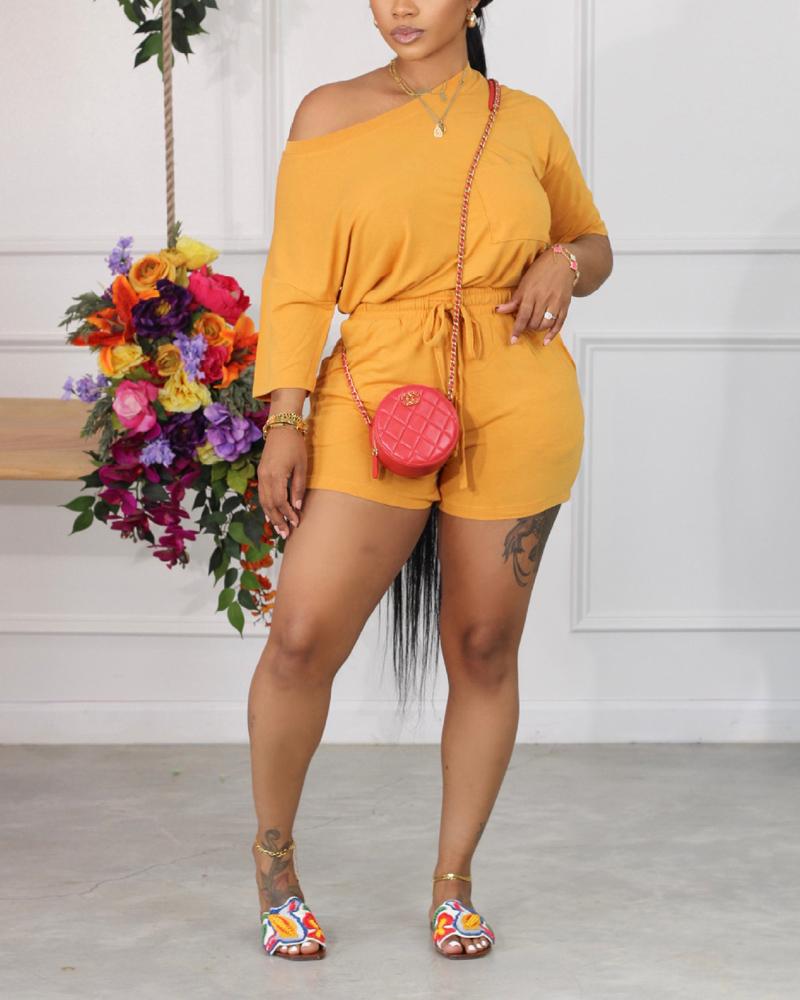 

Skew Neck Top & Drawstring Shorts Set, Orange