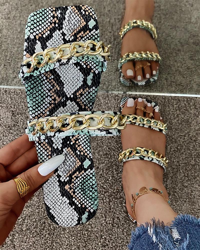 

Snakeskin Print Metallic Patchwrok Sqaure-toe Flat Sandals, Light green