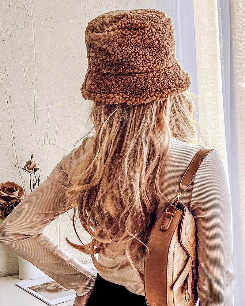 

Plain Casual Fluffy Bucket Hat, Khaki