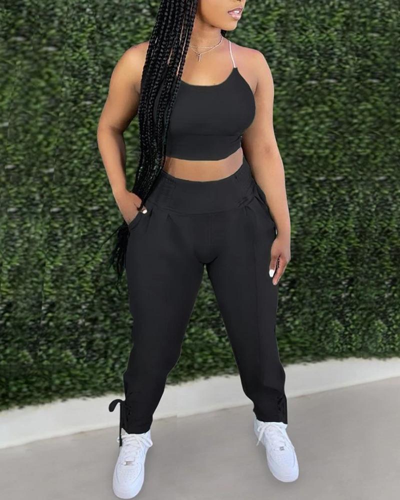 

Spaghetti Strap Crop Top & High Waist Pants Set, Black