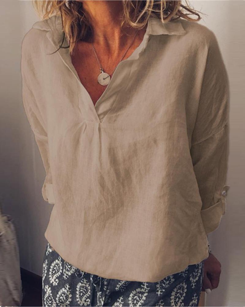 

Solid color V-neck large size cotton and linen women, Khaki