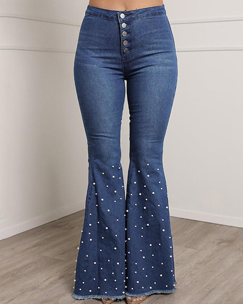 

Solid Color Wide Leg Denim Pants, Blue