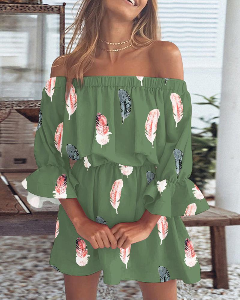 

Feather Print Off Shoulder Bell Sleeve Casual Dress, Green