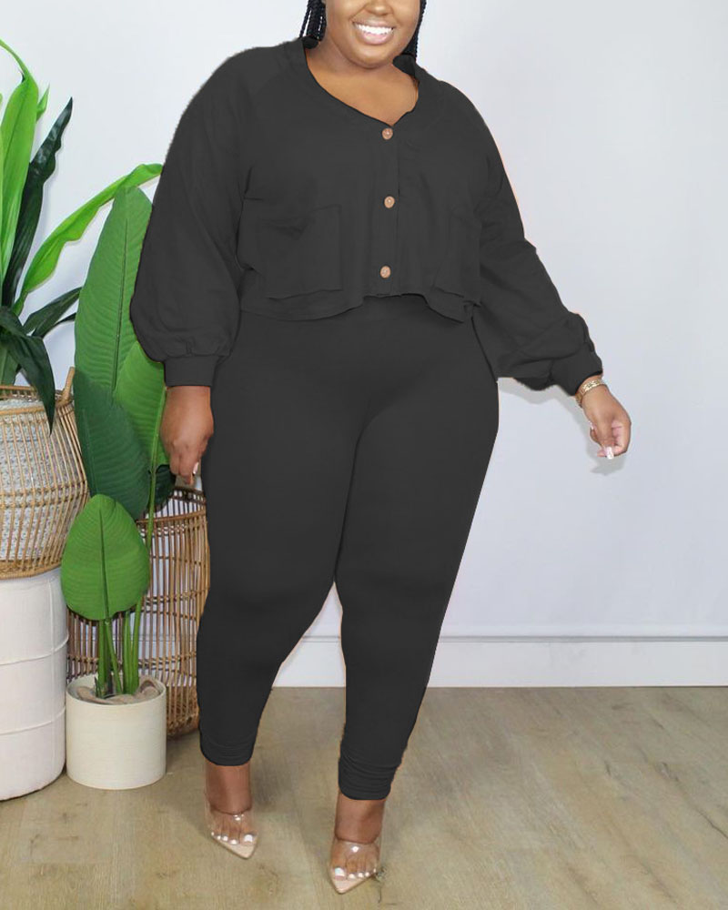 

Plus Size Button Front Crop Top & Pants Set, Black