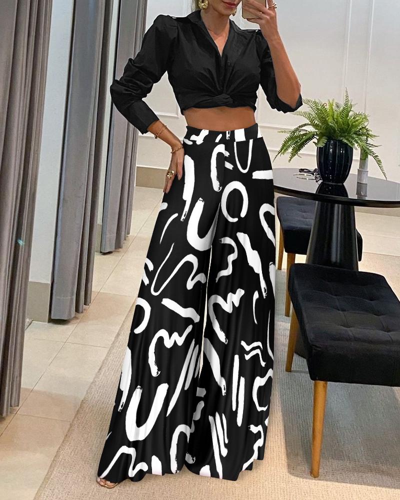 

Long Sleeve Shirt & Abstract Print Wide Leg Pants Set, Black
