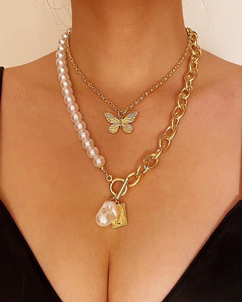 

2PCS Beaded Chain Strap Pearl Butterfly Pendant Necklace, Gold