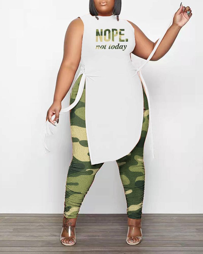 

Plus Size Nope Not Today Camo Print Split Hem Tank Top & Pants Set, Camoflage