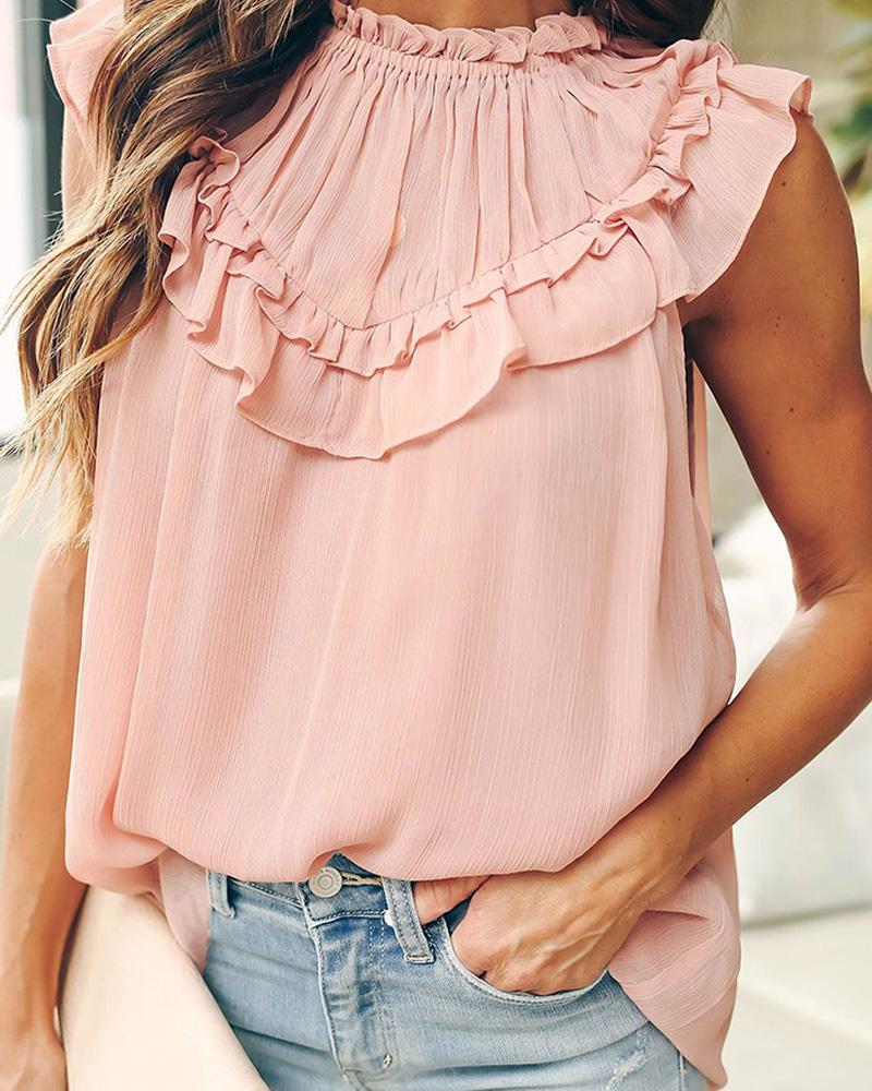 

Solid Round Neck Ruffles Women Top, Pink