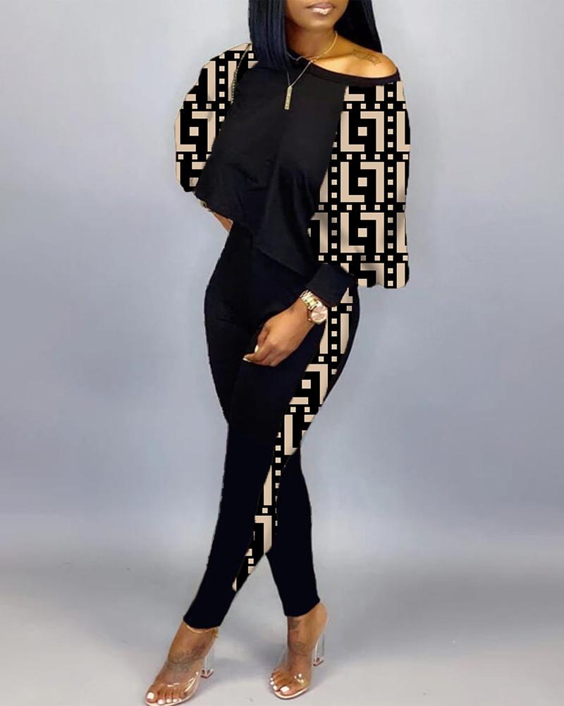

Geometric Print Long Sleeve Top & Pants Set, Black