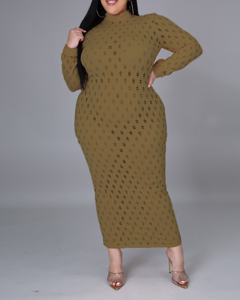 

Plus Size Long Sleeve Hollow Out Bodycon Dress, Green
