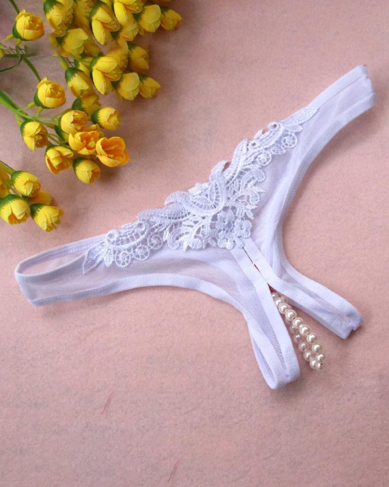 

Beaded Strap Open Crotch Mesh Panty, White