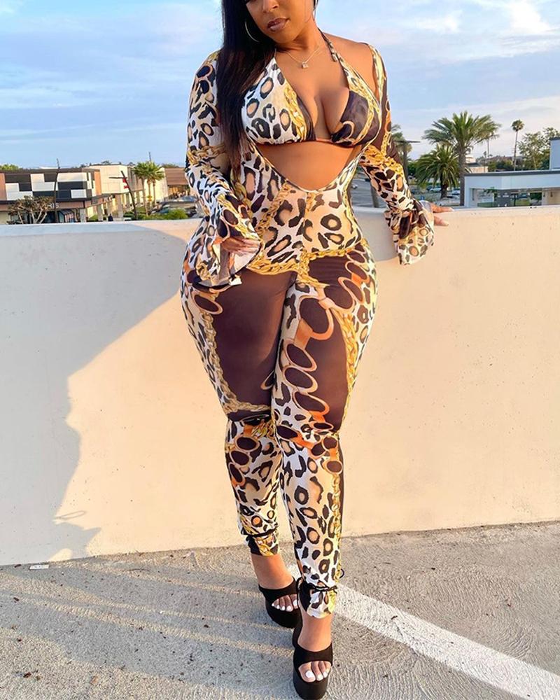 

Chain Cheetan Print Flared Sleeve Skinny Jumpsuit With Halter Bralette, Multicolor