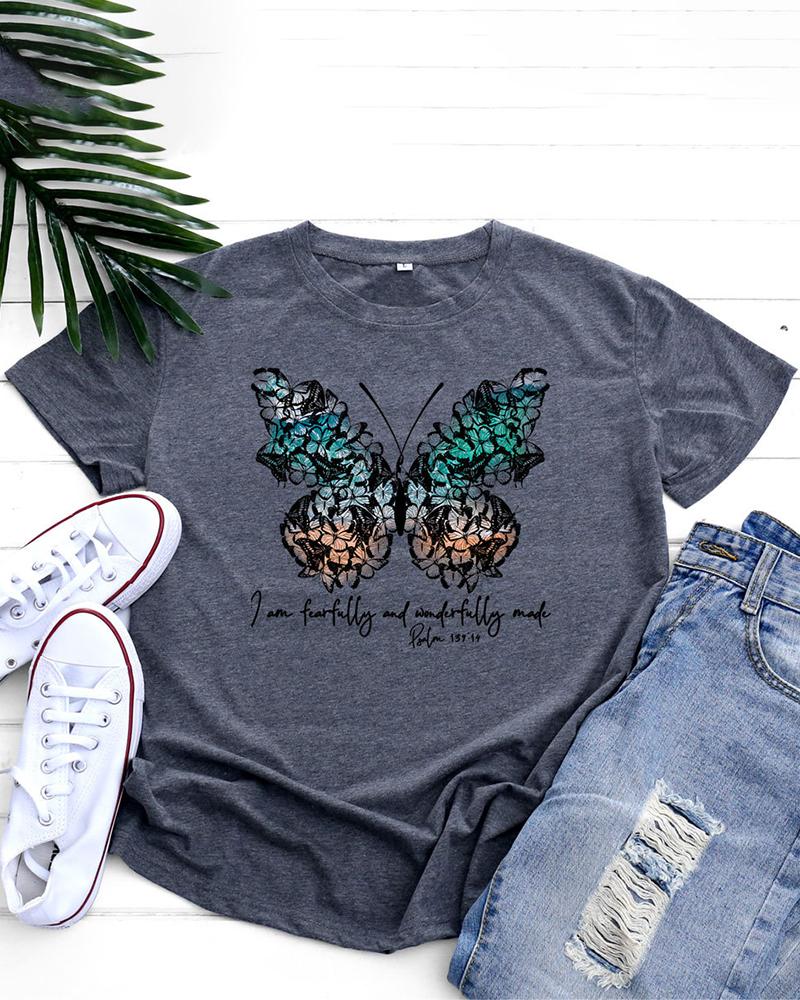 

Butterfly Letter Print Short Sleeve O-Neck Top, Dark grey