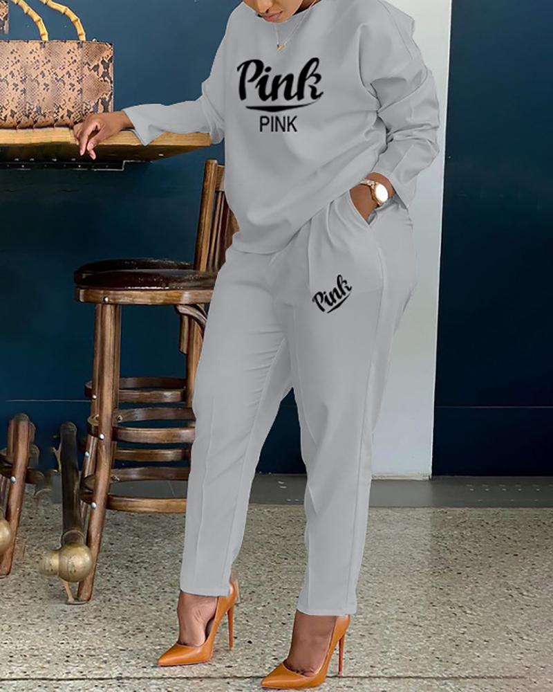 

Letter Print Long Sleeve Top & Pocket Design Pants Set, Gray