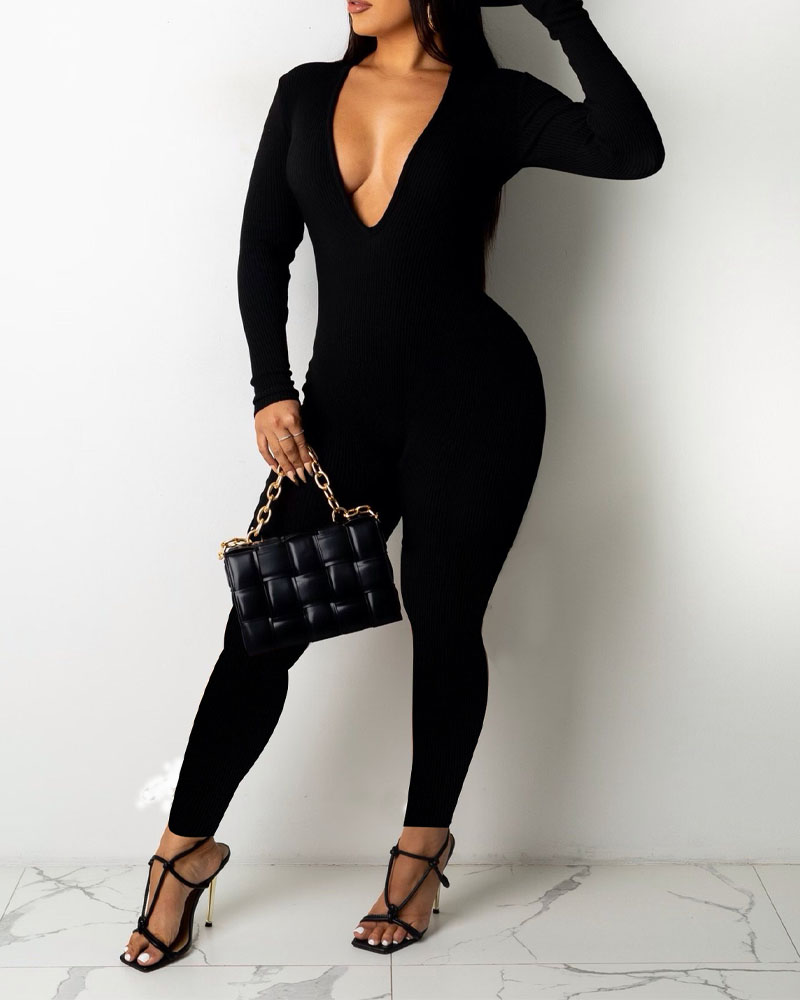 

Long Sleeve Plunging Skinny Jumpsuit, Black