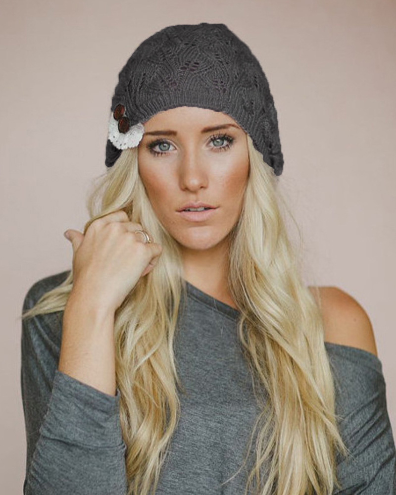 

Button Decor Lace Patch Hollow Out Knit Beret, Dark grey