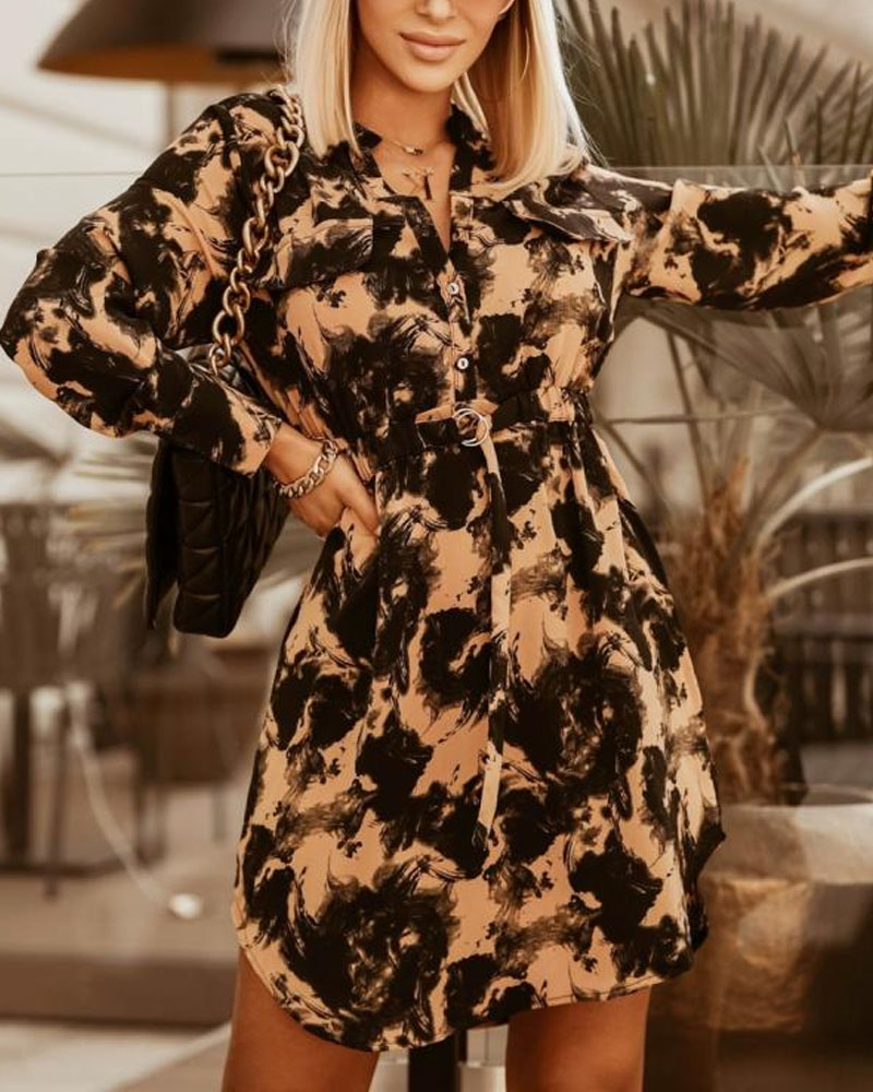 

Abstract Print Button Down Belted Shirt Dress, Yellow
