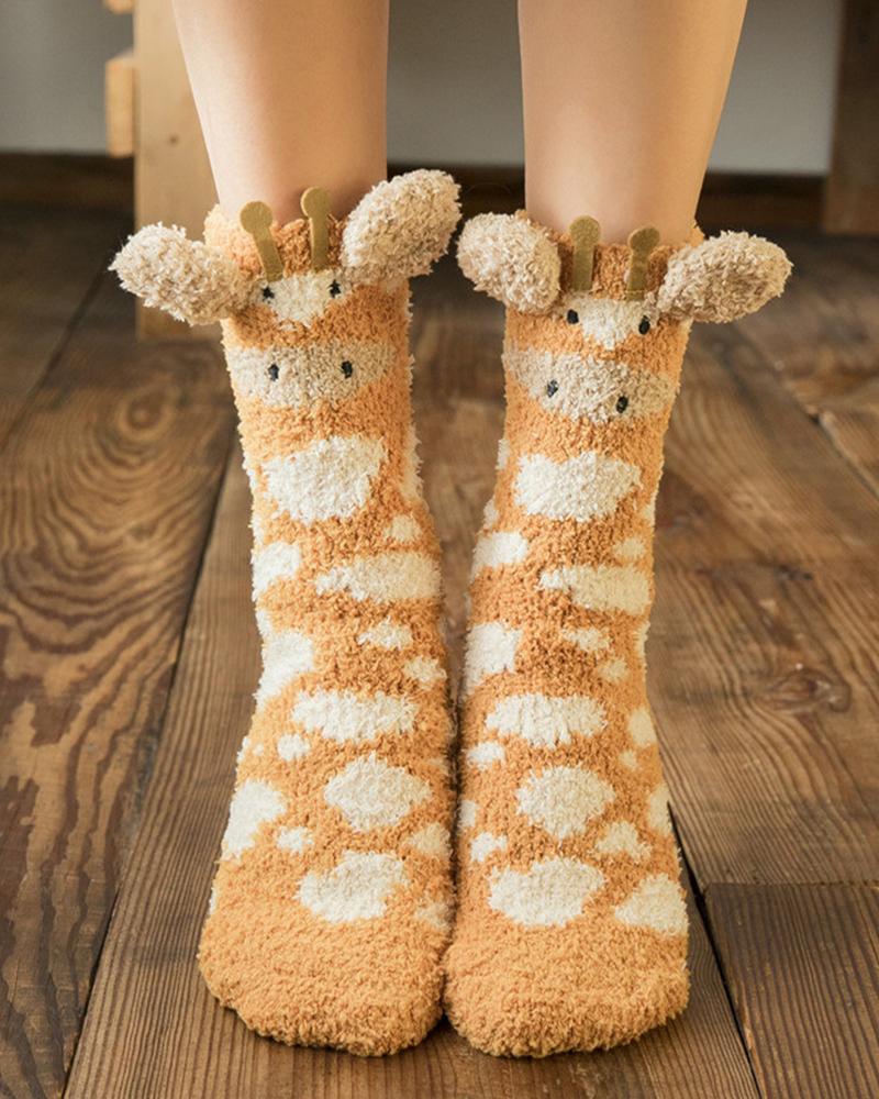 

1Pair Winter Fluffy Slipper Socks 3D Cartoon Animal Ears Fuzzy Hosiery, Yellow