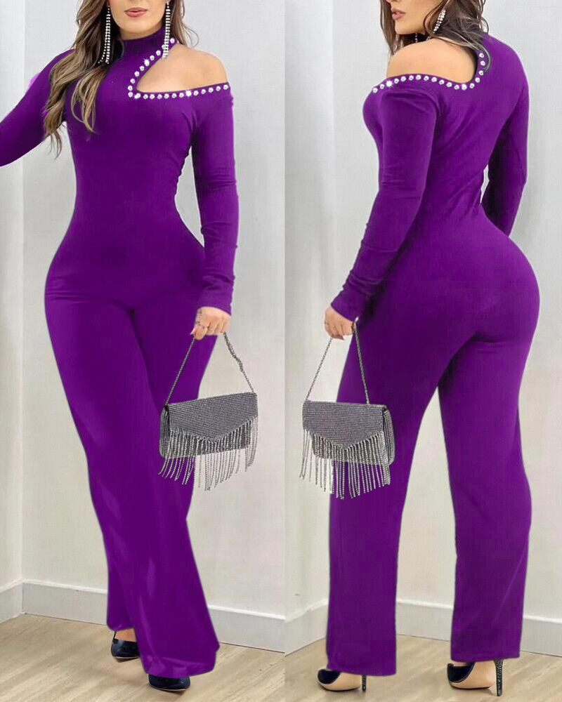 

Macacão com strass, ombro vazado, gola alta, manga comprida, slim fit, flared, Purple