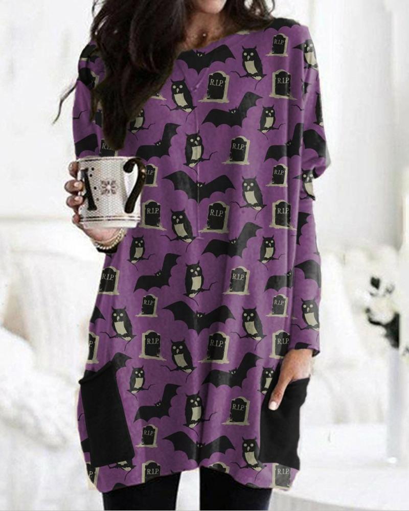 

Halloween Pumpkin Graphic Print Pocket Detail Long Sleeve Dress, Style6