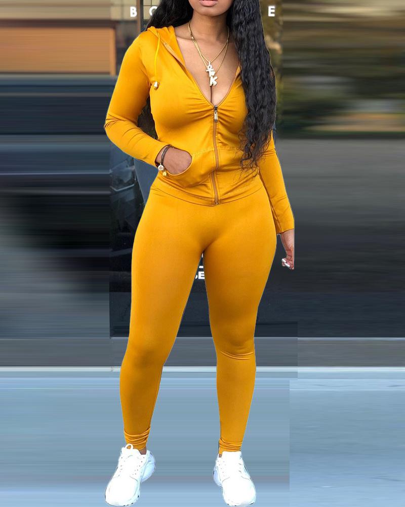 

Long Sleeve Zip Up Hooded Top & Pants Set, Yellow