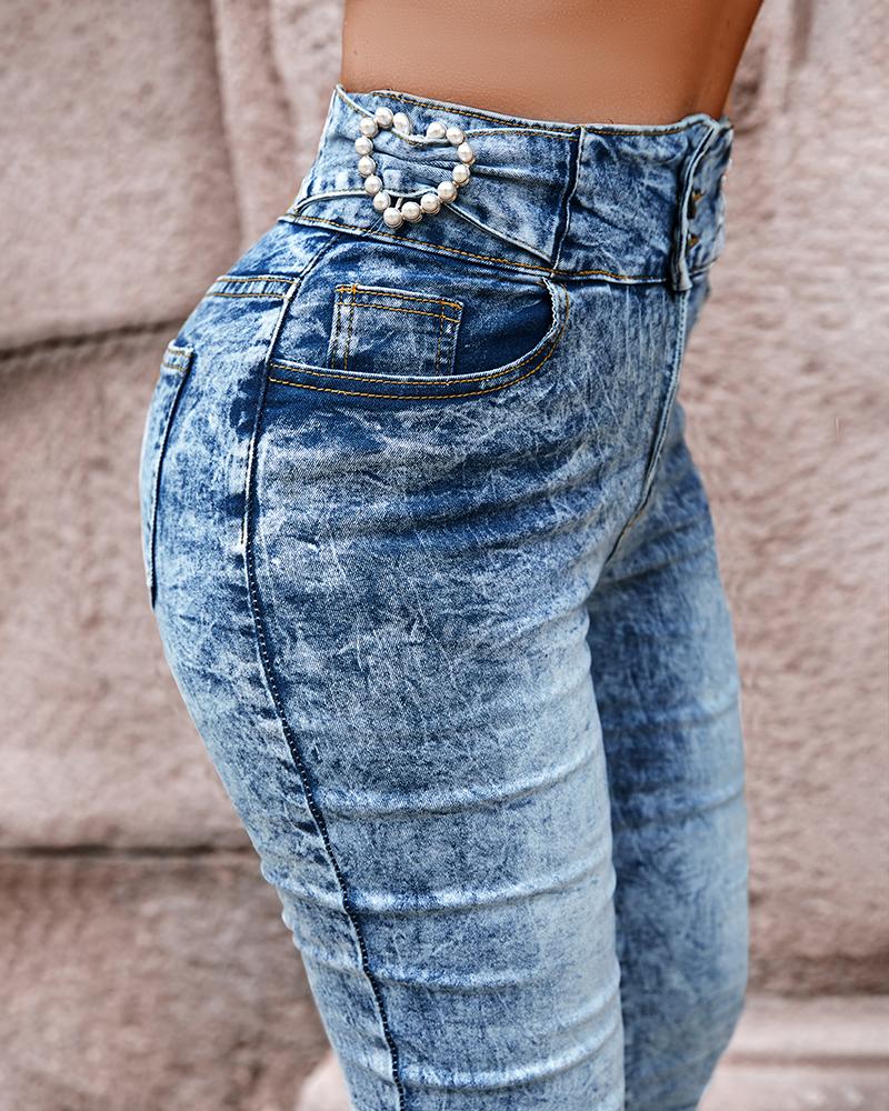 

Pearls Decor Buttoned High Waist Skinny Jeans, Lighted blue