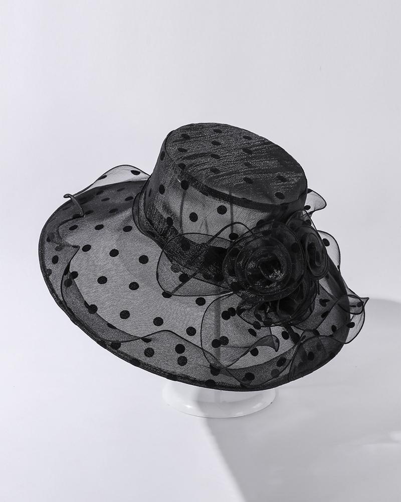 

Polka Dot Print Kentucky Derby Bowler Church Cloche Fascinator Hat Organza Church Dress Cap, Black