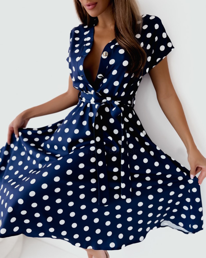 

Button Front Polka Dot Print Dress, Blue