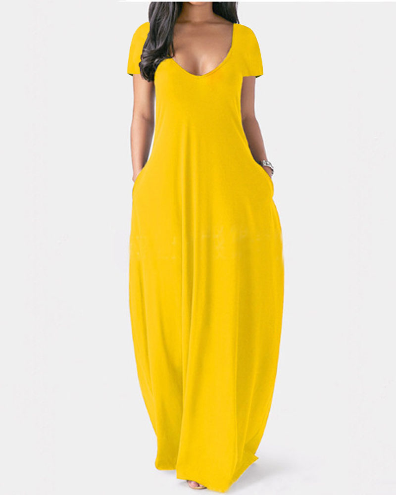 

Short Sleeve V-Neck Casual Maxi Dress, Yellow