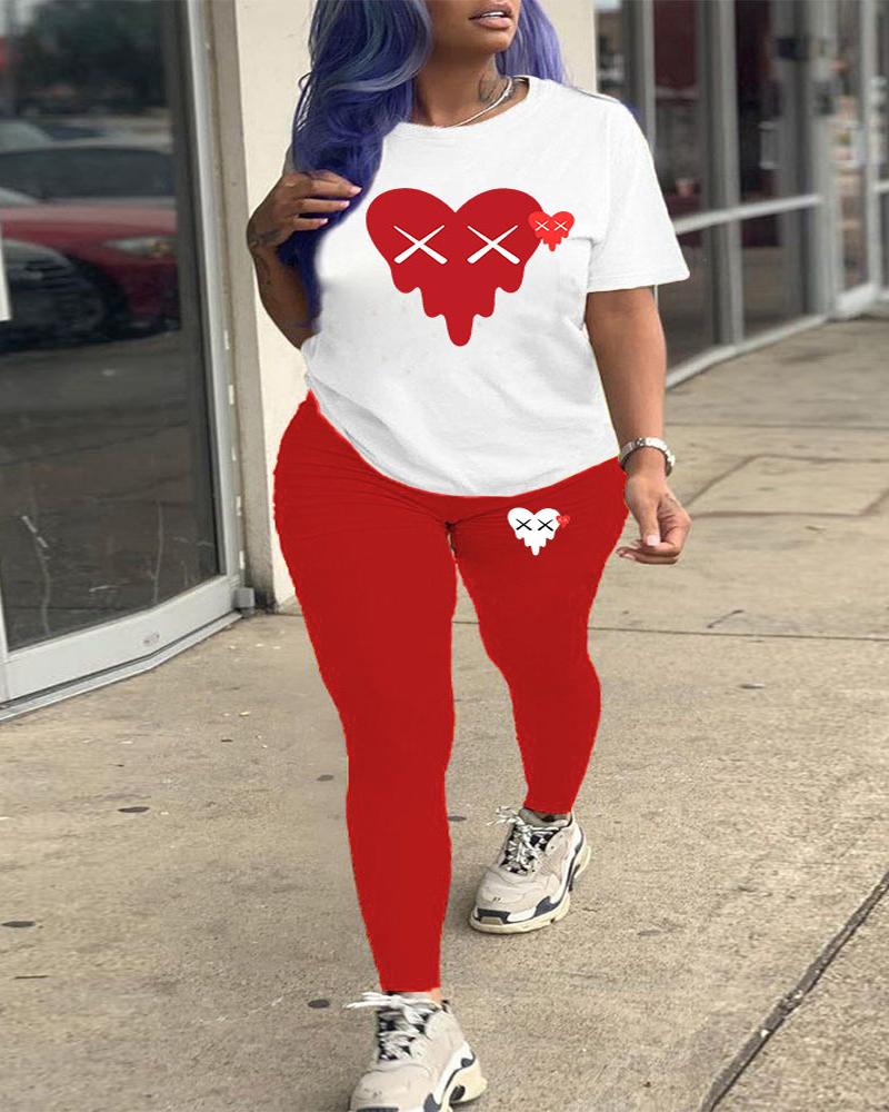 

Plus Size Heart Print Casual Top & Pants Set, Red