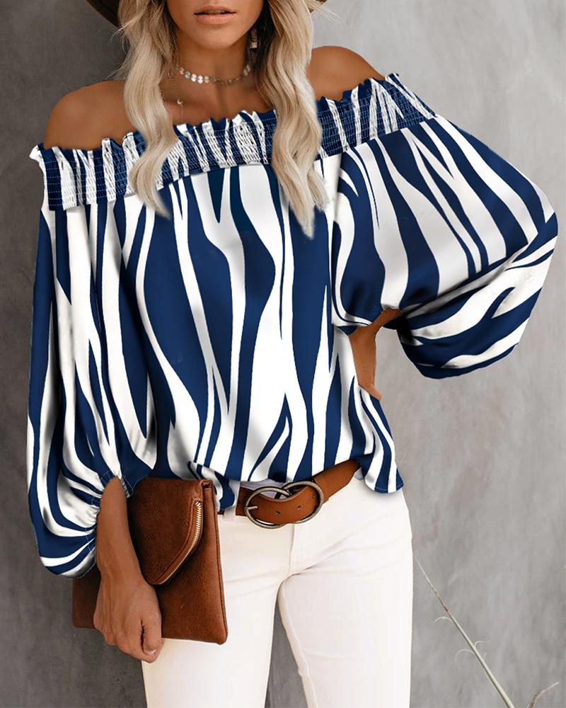 

Zebra Stripe Print Off Shoulder Lantern Sleeve Top, Blue