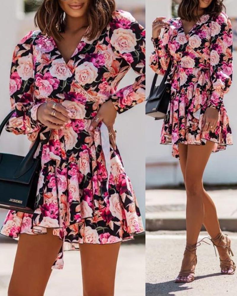 

Floral Print Ruffle Hem Belted Wrap Shirt Dress, Black