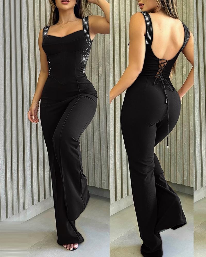 

Rhinestone Sweatheart Neck Thick Strap Backless Lace-up Clinch Waist Wide Pants Jumpsuit Sexy Overall, Black