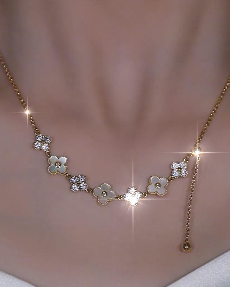 

1pc Rhinestone Clover Chain Necklace, Gold