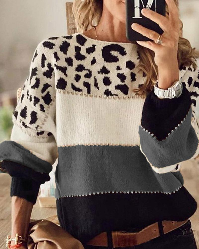 

Cheetah Print Colorblock Long Sleeve Casual Sweater, Gray