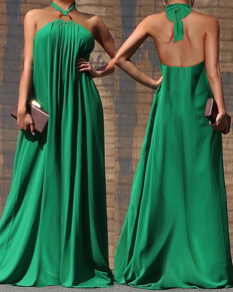 

O-Ring Halter Backless Maxi Dress, Green