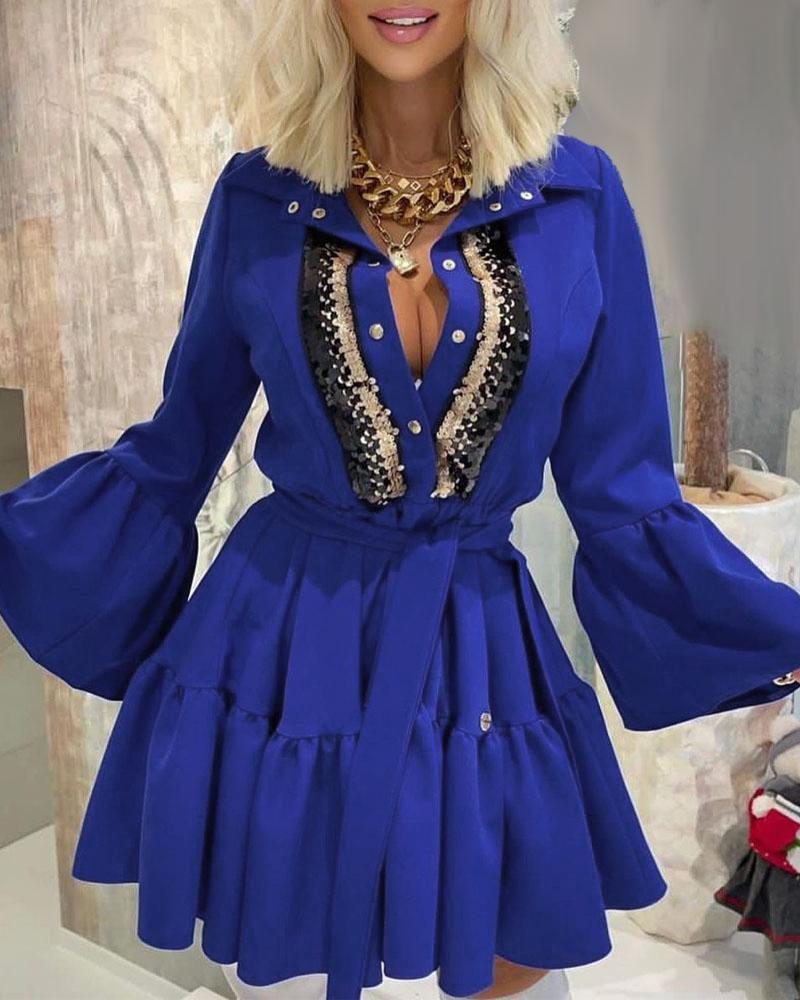 

Contrast Sequin Bell Sleeve Shirt Dress, Blue