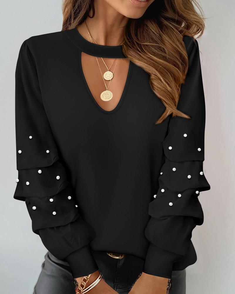 

Keyhole Neck Long Sleeve Pullover Top Beaded Hollow Out Blouse Top, Black