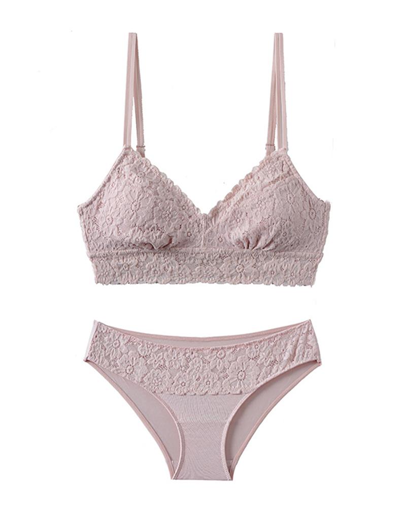 

Plain Wireless Floral Lace Bra Set, Pink